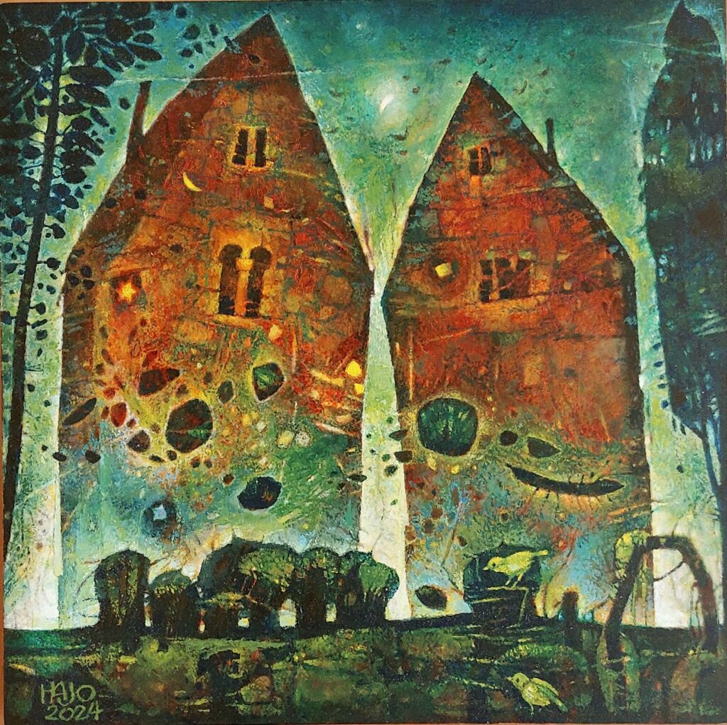 Zwei alte Häuser erzählen ihre Geschichte, 2024, Öl auf Holz_k